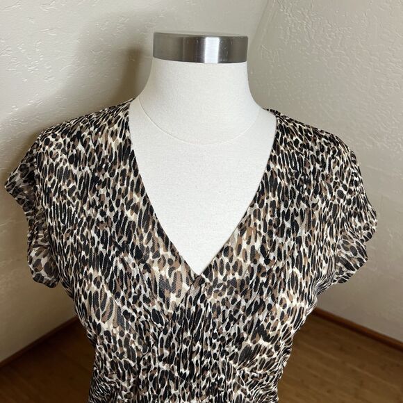 VTG Worthington Top Size Medium Brown Animal Print Mesh Pleat Babydoll Mob Wife - Picture 5 of 9